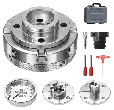 Produktbild von VEVOR 4 Zoll Drechselfutter Zentrierfutter (4 Backen) mit 1 Zoll x 8TPI Gewinde & Adapter, 5-tlg. Spannbacken Set (Stufen/Rund/Stift), Vernickelte Oberfläche mit Tragekoffer für Holzdrehbänke