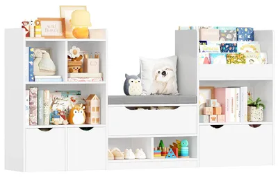 Image de Étagère à jouets pour enfants - Bibliothèque avec banc - 3 tiroirs en bois - 183 x 94,5 x 29,8 cm - Blanc