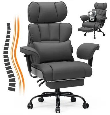 Obrázok produktu pre Ergonomická kancelárska stolička s nosnosťou 200 kg – manažérska stolička – nastaviteľná výška sedadla a operadla – nastaviteľné podrúčky – sklopná opierka na nohy – umelá koža – sivá