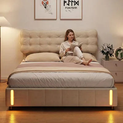 Imagen del producto de Cama tapizada ProximaX de 160x200 cm, color beige, con espacio de almacenamiento. Estructura de cama hidráulica con iluminación LED integrada y cabecero con diseño de flores. Cama doble moderna