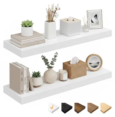 Image de Étagères murales, étagère suspendue de 60 cm, panneau mural en bois avec fixations invisibles, lot de 2 étagères murales en bois pour salle de bains, chambre, bureau, salon, cuisine (blanc, 60 x 23,5 x 3,8 cm)