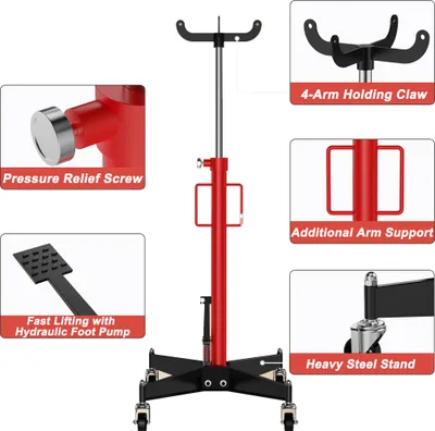 Image de Cric hydraulique XMTECH 500 kg, hauteur de travail 111-190 cm, cric mobile pour moteur et boîte de vitesses avec 4 roulettes et pédale, rouge