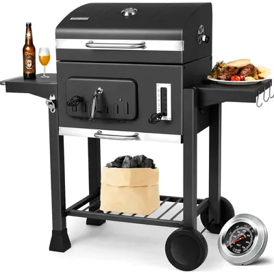 Produktbild von Holzkohlegrill - XXL Grillwagen - Mit Deckel - Thermometer - Smokergrill mit 2 Rädern - 2 Ablagen für Camping & Garten - Schwarz