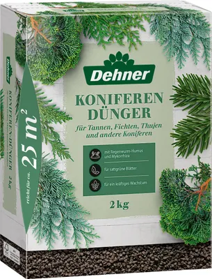 Produktbild von Dehner Koniferendünger, hochwertiger Dünger für Nadelgehölze, organischer NPK-Dünger, mit Spurennährstoffen, organisch-mineralisch, 2 kg, für ca. 25 qm