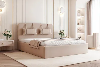 Obrázek produktu pro BESILIO Postel s úložným prostorem 160x200 Monti - Štíhlá postel, dekorativní stahovací polštáře, s rámem a boxem na prádlo - béžová barva