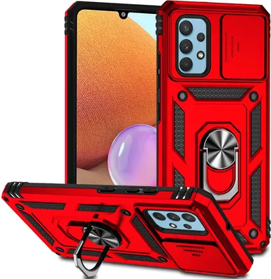 Produktbild von Galaxy A32 4G Hülle mit Schiebe Kamera Schutz und Ringhalter Ständer Robust Rüstung Schutzhülle für Samsung Galaxy A32 4G Rot