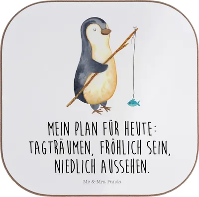 Produktbild von Mr. & Mrs. Panda Untersetzer Pinguin Angler - Weiß - Geschenk, Urlaub, gläseruntersetzer, Motiviert, Coaster, Fischer, Tassenuntersetzer, Tischschoner, Glas, Angeln