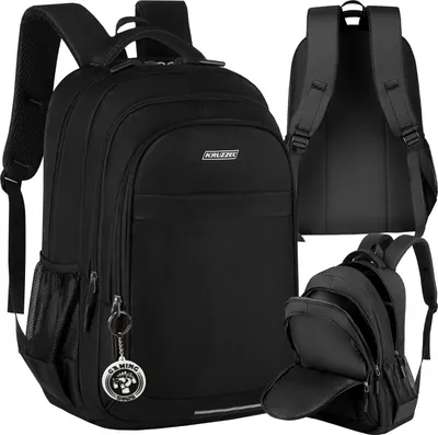A collage of images showing a black backpack from different angles, including a close-up of the front and a view of the back.