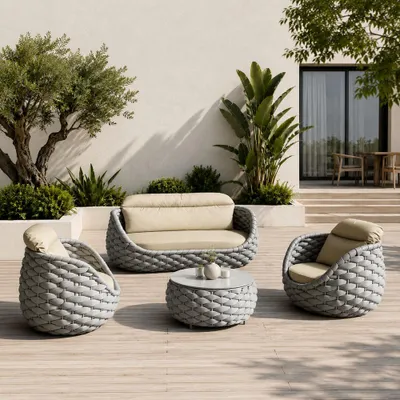Produktbild von Gartenlounge Set 4-teilig mit 2 Einzelsesseln, Dreisitzer-Sofa und Couchtisch, Wasserabweisend, Ideal für Garten, Terrasse und Hof, Grau/TBSF-G3/