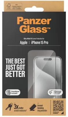 Produktbild von PanzerGlass ® Displayschutz iPhone 15 Pro | Ultra-Wide Fit m. EasyAligner, Apple, Apple - iPhone 15 Pro, Trockene Anwendung, Schockresistent, Transparent, 1 Stück(e)