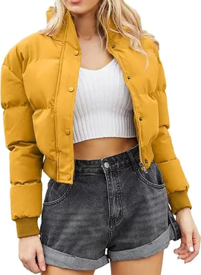 Obrázek produktu pro ASKSA Dámská bunda Puffer Jacket Short Stand-up Collar Zimní prošívaná bunda Teplá prošívaná tlustá zimní bunda Outdoor, žlutá, L