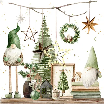 Produktbild von Servietten Papier 33x33cm Weihnachtswichtel 20 Stück Weiß / Grün