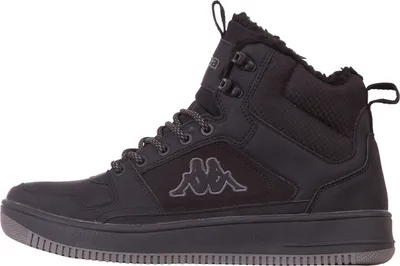 A black high-top sneaker with a grey Kappa logo.