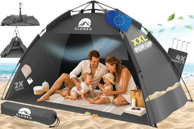 Immagine prodotto di Tenda da spiaggia pieghevole ELONEO con protezione UV 80+, montaggio facile, compatta, borsa per il trasporto, protezione dal sole e dal vento per bambini e adulti - XXL Grigio