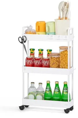 Produktbild von Ibenzoa® Schmaler Küchenwagen – 3 Ebenen, 3 Ablagen & 9 Haken, Kunststoff, 38,8 x 12,5 x 65 cm, 4 Rollen (2 feststellbar) – Platzsparend für Küche & Bad
