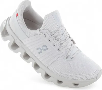 A single white running shoe is shown against a white background.