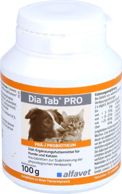 A white plastic bottle of Alfavet Dia Tab PRO for dogs and cats, with a label showing a dog and a cat.
