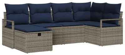 Image de Ensemble de canapés vidaXL avec coussins, gris et bleu marine, en polyrotin