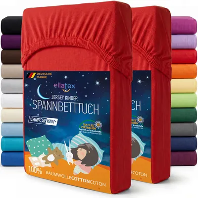 Produktbild von EllaTex 2er Pack Jersey Kinder Spannbettlaken 70x140 Baumwolle – Spannbetttücher Set für Babybett & Kinderbett, Farbe: Rot