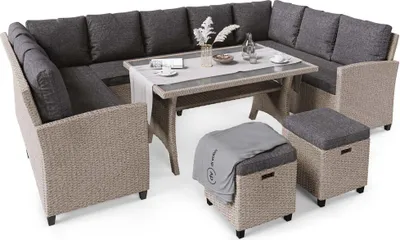 Produktbild von di volio Polyrattan Sitzgruppe LIVORNO - Lounge Gartenmöbel-Set mit Ecksofa, Tisch & 2 Hockern - Loungemöbel in Rattan-Optik inkl. eine Fleecedecke