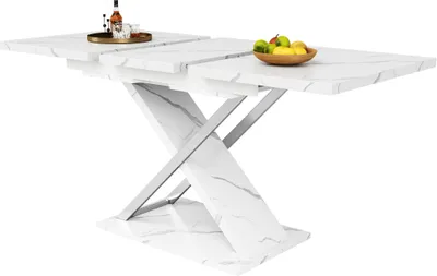 Produktbild von Esstisch 118-157¡Á75 cm Ausziehtisch Weiss Kuechen-Wohnzimmertisch Anstecktisch Ausziehbar mit Einlegeplatte Kreuzbeine