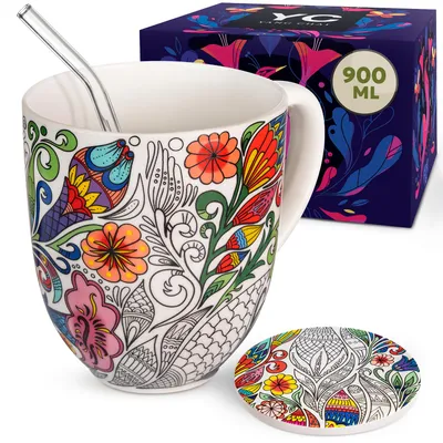 Produktbild von YC Yang Chai Jumbotasse 900ml - Teetasse aus Knochen Porzellan, XL Jumbo Tasse Geschenkset mit Untersetzer - Kaffebecher, Jumbobecher, Riesen Becher