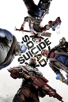 Four characters from the Suicide Squad game are shown from a low angle, looking up at the viewer. The game's title is displayed in large, stylized text behind them.