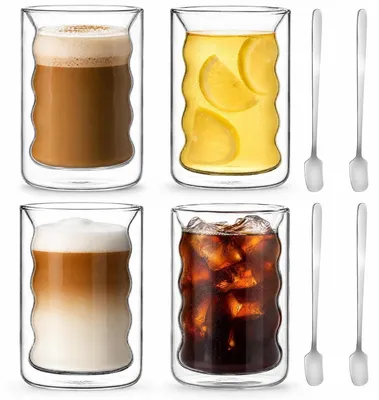 Image de Verres à double paroi avec cuillère, 350 ml, lot de 4, design spiralé, en verre borosilicaté