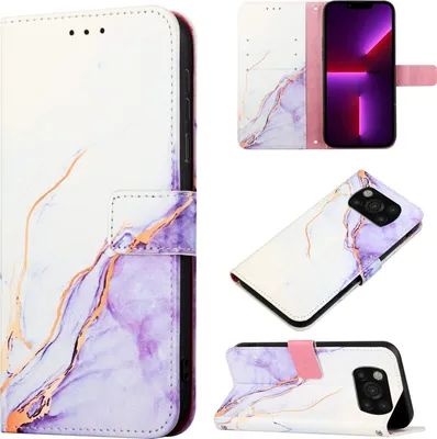 Produktbild von Xiaomi Poco X3 NFC Hülle, Marmor Motiv Kunstleder Tasche Wallet Kartenfächer mit Standfunktion Klapp Schutzhülle für Xiaomi Poco X3 NFC / X3 / X3 Pro Weiß Lila