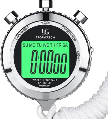 Produktbild von Stoppuhr, Stoppuhr-Timer aus Metall mit Hintergrundbeleuchtung, 1/100-Sekunden-Präzision, 2 Rundenspeicher, digitale Stoppuhr für Trainer
