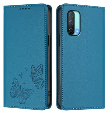 Produktbild von Lederhülle für OnePlus Nord CE 5G, Schmetterling Prägung Leder Brieftasche Schutzhülle mit Ständer Blau