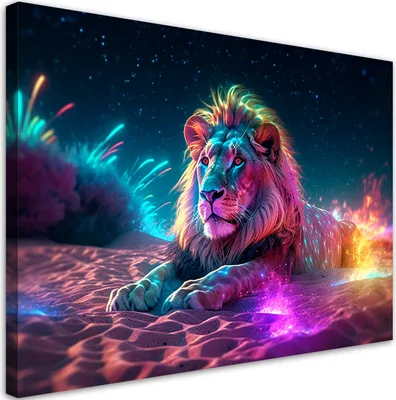 Produktbild von Leinwandbild Neon Löwe Natur Abstraktion 120x80 Feeby Bunt bild für die wand bereit zum aufhängen
