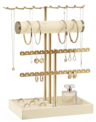 Produktbild von Schmuckhalter Schmuckständer Ringhalter - 4 Ebenen - Goldfarbenes Metall - Mit Samt-Tablett - Für Ketten, Ohrringe und Armbänder