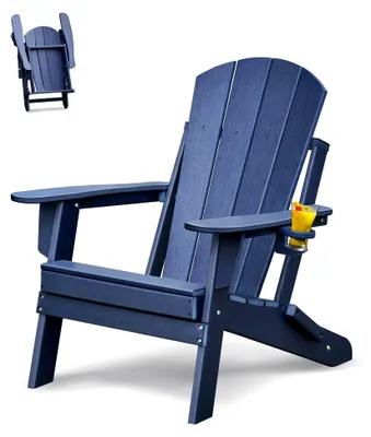 Produktbild von Klappbarer Adirondack-Stuhl mit Getränkehalter aus Kunststoff, wetterfester Gartenstuhl für Terrasse und Garten