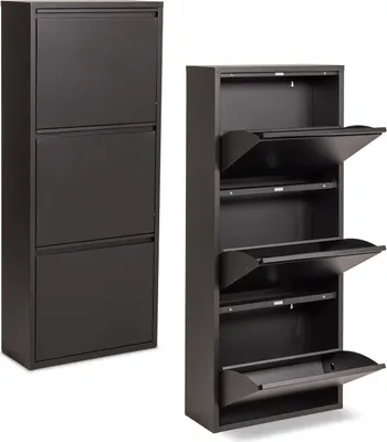 Obrázok produktu pre Kovová skrinka na topánky s 3 dvierkami - 50 x 15 x 103 cm - Priestorovo úsporný a štýlový botník - Moderné skrinky na topánky - Úložný priestor na topánky - Čierna
