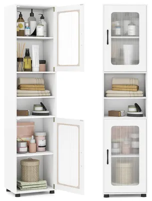 Image de Armoire de salle de bain COSTWAY, armoire haute avec 2 portes en verre transparent, armoire de salle de bain avec étagères et 2 compartiments, meuble de rangement, 40 x 30 x 170 cm, blanc