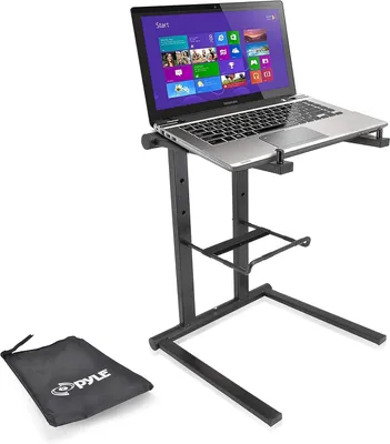 Obrázek produktu pro Stojan na notebook Pyle s nastavitelnou výškou, stojan na notebook pro DJs – držák na notebook s přihrádkou na příslušenství pro DJs a notebooky, skládací stojan na notebook