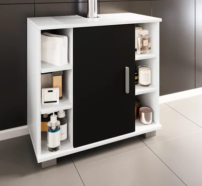 Produktbild von VCM Holz Waschbeckenunterschrank | Badschrank | Maße: H. 58 x B. 60 x T. 30 cm | 1 Drehtür | 2 Fächer | 6 kleine offene Regalfächer - Zalo M