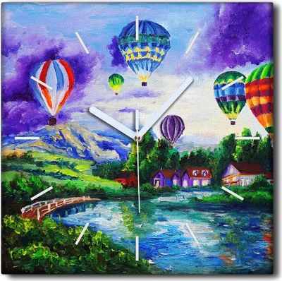 Produktbild von Coloray Uhr auf Leinwand 30x30 cm Wand Uhr Dekoration Wohnzimmer Segeltuch weiße Zeiger -Dorfballons Wasser.