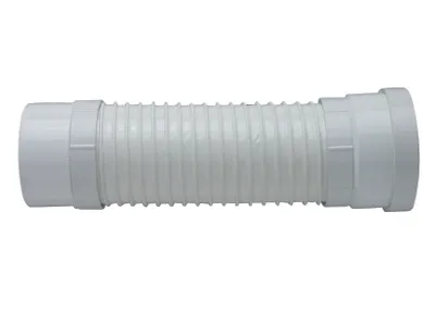 A white flexible drain pipe connector against a white background.