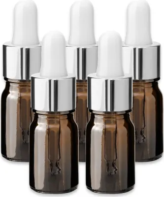 Produktbild von 5x Glasflasche braun 5 ml mit silberner Aluminium Pipette Tropfflasche
