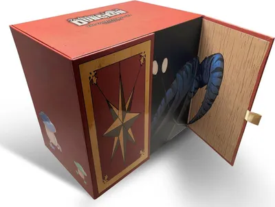 A red box with a pop-up element inside, showing a blue creature emerging from darkness.