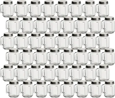 Produktbild von gouveo 48er Set Mini Trinkgläser 30 ml mit Deckel silberfarben - Mini Henkelglas mit Drehverschluss - Kleine Schnapsgläser für Party, Hochzeit, JGA