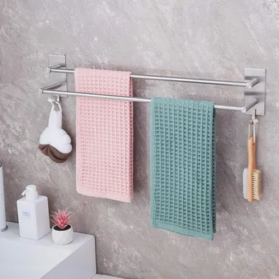 Image de Porte-serviettes de salle de bain, sans perçage, à deux bras, 60 cm, en acier inoxydable brossé, avec 2 crochets