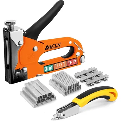 Produktbild von 3-in-1 Schwerlast-Heftklammern-Set aus Stahl mit 2100 Heftklammern, Polsterhefter für Befestigung, Dekoration, Tischlerei, Orange