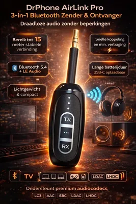 Productafbeelding van DrPhone AirLink Pro – Bluetooth 5.4 Zender & Ontvanger – 3-in-1 TX/RX &