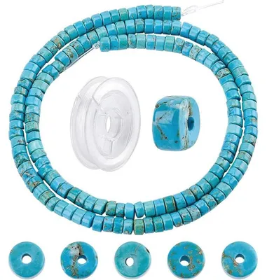 Productafbeelding van Heishi-kralen, natuursteen, turkoois, plat, rond, 4 mm, 167 stuks, met elastische draad voor sieraden maken