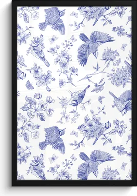 Produktbild von MuchoWow® MuchoWow® Gerahmtes Poster Vintage - Vogel - Blumen - Blau 40x60 cm - Poster mit zchwarzem Bilderrahmen - Papierdruck - Wandbilder