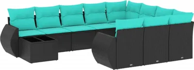 Image de vidaXL Ensemble de 11 canapés de jardin avec coussins, polyrattan noir