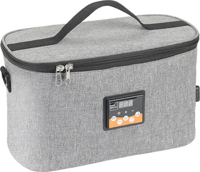 A gray insulated lunch bag with a digital display panel is shown against a neutral background.